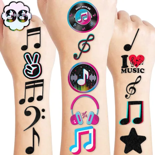 Vista 9 de 96 piezas de notas musicales que brillan en la oscuridad precortados tatuajes temporales para niños Luminous Musical Themed Birthday Party