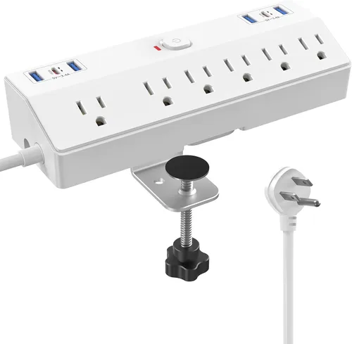 Vista 11 de JXGUCAT - Regleta de alimentación con abrazadera de escritorio con estación de carga rápida de 40 W, enchufe plano de 10 pies, protector contra