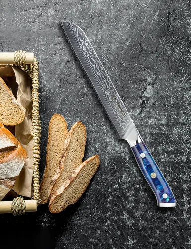 Vista 5 de Cuchillo de pan de cocina dentado de 8 pulgadas, mango de acero y resina de Damasco - Serie Xuan (azul zafiro)