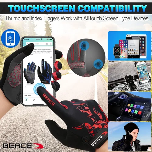 Vista 3 de BEACE Guantes de ciclismo, guantes de ciclismo para hombres y mujeres, con pantalla táctil, guantes de bicicleta de montaña con dedo completo
