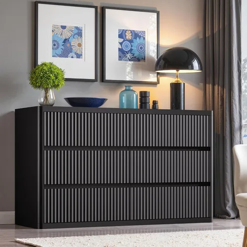 Vista 12 de Standifurno Cómoda negra de 56 pulgadas de alto para dormitorio, moderna acanalada con 6 cajones profundos, cómoda de madera con asas, perfiles Negro