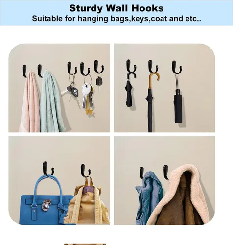 Vista 6 de Kruodop Paquete de 4 Ganchos de Pared Ganchos de Pared Montados para Colgar Servicio Pesado, Ganchos Negros para Toallas, Colgador de Abrigo