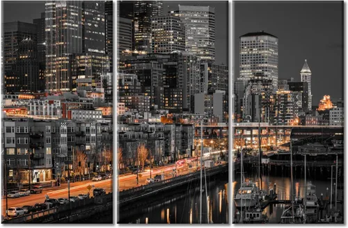 Vista 36 de TUMOVO 3 paneles de paisaje urbano en blanco y negro de Estados Unidos, arte de pared, famoso puente Golden Gate, San Francisco por la noche