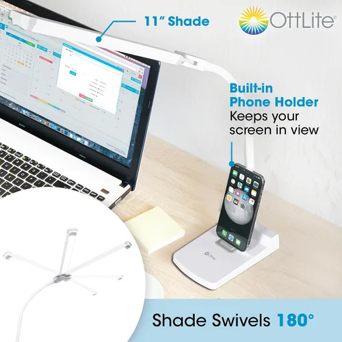 Vista 2 de OttLite Lámpara de escritorio LED giratoria con puerto USB, color blanco