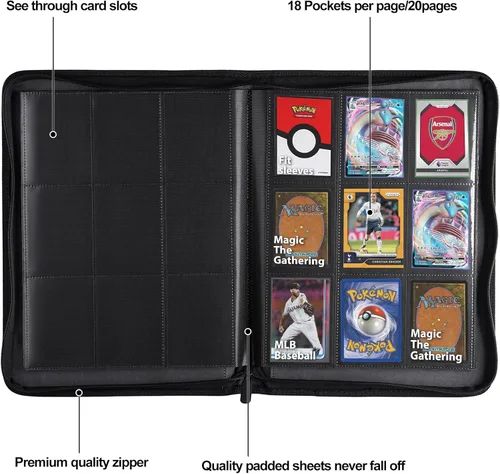 Vista 3 de HerriaT Carpeta de tarjetas intercambiables, carpeta de colección de tarjetas de poliuretano de 9 bolsillos para 360 tarjetas, libro de tarjetas