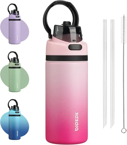 Vista 25 de BJPKPK Botella de agua aislada de 17 onzas con tapa de popote y asa, acero Verde militar