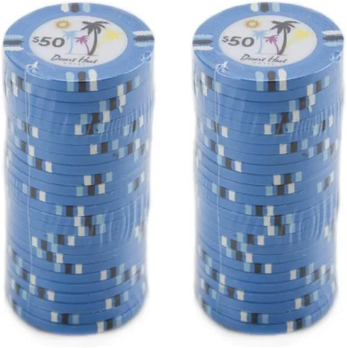 Vista 2 de Claysmith Gaming Desert Heat - Chip de póquer pesado compuesto de arcilla de 0.48 oz, paquete de 50 ($50 azul claro)