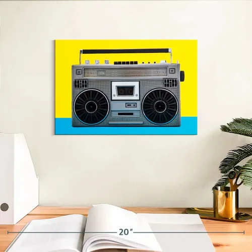 Vista 3 de ElephantStock - Retro Silver Boombox Wall Art - Horizontal Canvas Wall Art - Living Room Wall Decor - Photography Music Canvas Art - Yellow And
