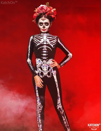Vista 3 de KatchOn Disfraz de esqueleto plateado - Body de esqueleto para mujer para Halloween truco o trato