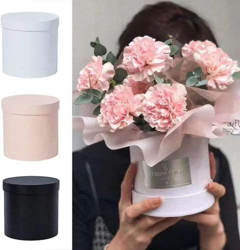 Vista 4 de Caja de flores de rosa de caramelo redondo portátil Caja de cartón de flores de almacenamiento de cubo de abrazo pequeño Caja de cartón de flores