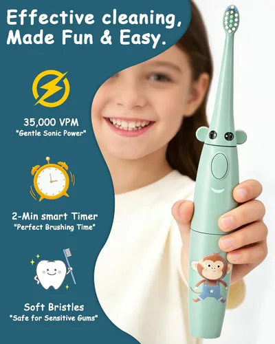 Vista 4 de Irrigador dental eléctrico para niños de 6 a 12 años, irrigador oral para niños con 3 modos suaves y 2 modos sónicos, kit dental compatible
