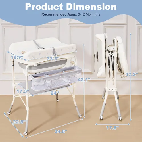 Vista 7 de Bañera para bebé con cambiador plegable, bañera infantil para ducha de recién nacido, estación de cambio de pañales portátil