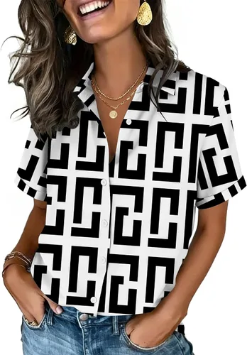 Vista 7 de Zeagoo Camisas con botones para mujer, de manga corta, cuello en V, elegantes y casuales