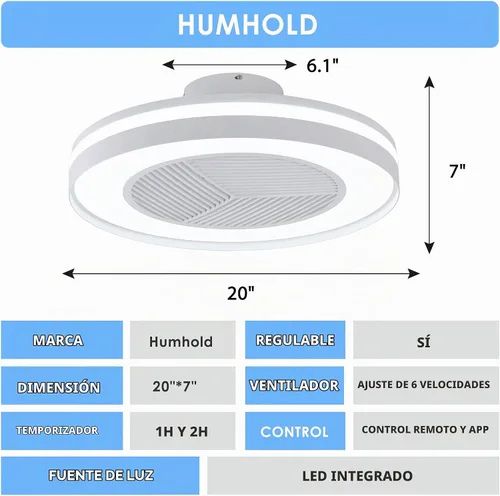 Vista 6 de Ventiladores de techo inteligentes de bajo perfil con control remoto/APP de 3 luces regulables, ventiladores de techo sin aspas de 20" con 6
