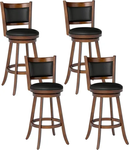 Vista 15 de COSTWAY Juego de 2 taburetes de bar, giratorios de 360 grados, taburete giratorio de madera con acento de altura, diseño tapizado de cuero, asiento