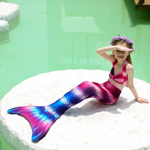 Vista 2 de Conjunto de bikini de cola de sirena nadable arcoíris con monoaleta para niñas y niños, regalo de cosplay