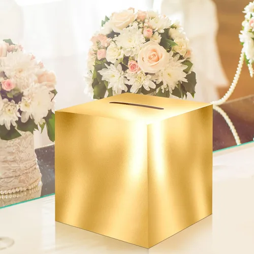 Vista 6 de JC HUMMINGBIRD Caja de tarjeta dorada – Caja de regalo plegable de 10 x 10 pulgadas con ranura para bodas, cumpleaños, graduaciones, donaciones