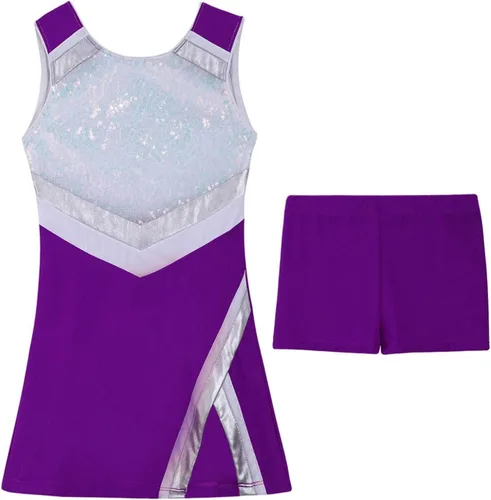 Vista 3 de Hansber Trajes de animadora para niños y niñas con pantalones cortos, sin mangas, lentejuelas, vestido deportivo, uniforme de animación, disfraz