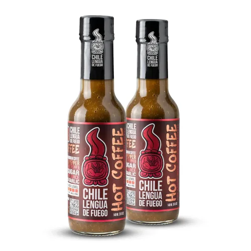 Vista 6 de Chile Lengua de Fuego Café caliente – Salsa picante jalapeño infundida con café, sabor ahumado tostado oscuro, calor suave, botella de 5 onzas
