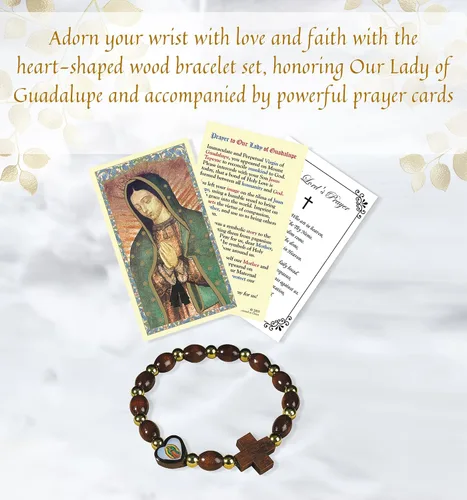 Vista 2 de Pulsera Virgen María - con tarjeta de oración de Nuestra Señora de Guadalupe, Oración del Señor Pulsera de madera de corazón Nuestra Señora