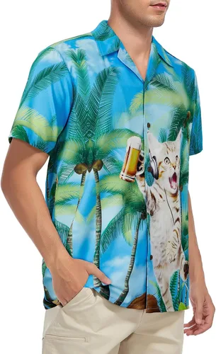 Vista 133 de Camisa hawaiana para hombre, con estampado floral, cómoda, con botones, casual, manga corta, ropa de playa para hombre