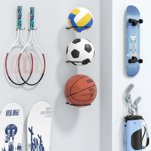 Vista 2 de Ball Holder Wall Mount Set –Sports Ball Racks for Basketball, Soccer, Volleyball, Football – Wall Storage & Display for Sports Room