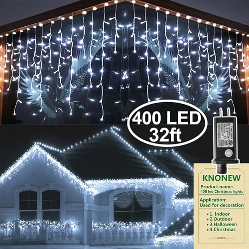 Vista 14 de Guirnalda de 400 luces LED con 75 gotas, de 33 pies, 8 modos de funcionamiento, de alambre transparente para decoración al aire libre, 400 modos