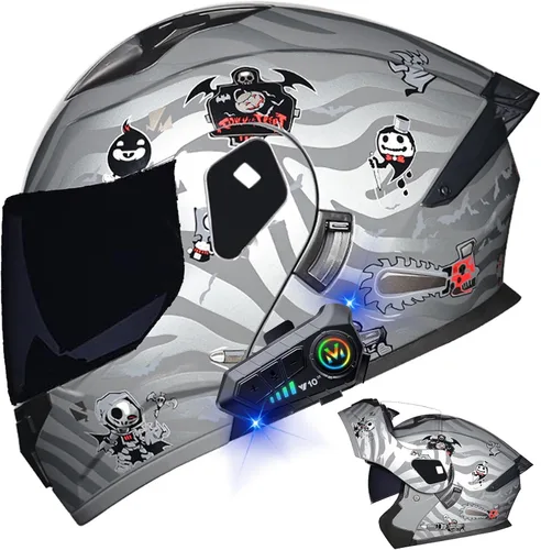 Vista 13 de Casco modular Bluetooth para motocicleta, aprobado por DOT, de cara completa, abatible, antivaho, doble visera, casco de motocicleta de calle, LENTE