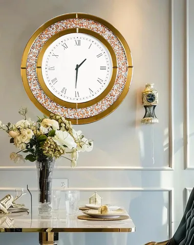 Vista 6 de Reloj de pared de diamante triturado redondo decorativo con espejo de 24 pulgadas, color marrón