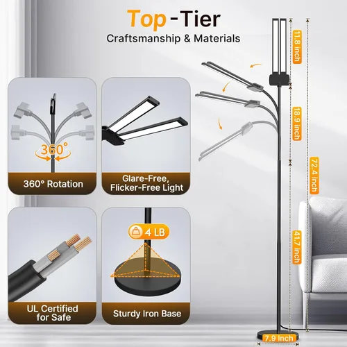 Vista 4 de Syrinx Lámpara de Pie LED, Lámparas de Pie de Doble Cabezal con Cuello de Ganso para Sala de Estar con Interruptor de Gestos y Control Remoto