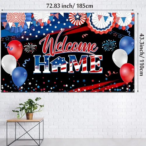 Vista 2 de Cartel de bienvenida a casa, decoración del día de los veteranos, tela patriótica, telón de fondo de fotos del ejército militar para despliegue