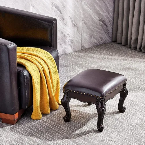 Vista 2 de Otomana con reposapiés, taburete tapizado de cuero de microfibra para sala de estar, sofá, entrada, madera maciza (negro, marrón)