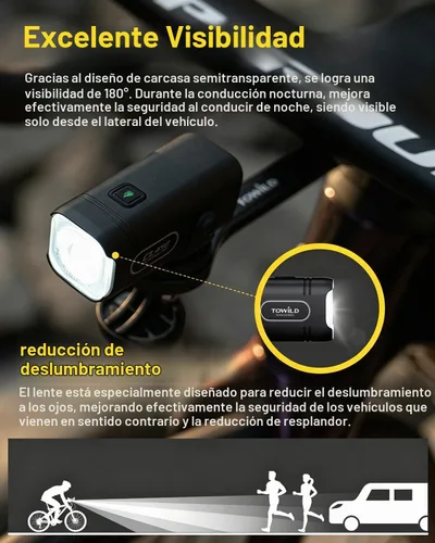 Vista 5 de TOWILD CL450 Luces de bicicleta para conducción nocturna, 450 lúmenes, USB-C recargable, aleación de aluminio, IPX6 impermeable (negro)