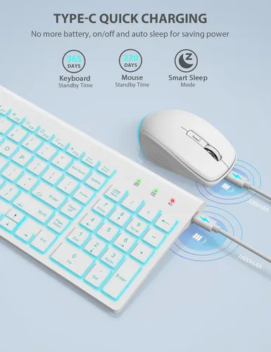 Vista 4 de SABLUTE Wireless Keyboard and Mouse Combo Backlit - Compact Quiet Keyboard with RGB Mouse, Rechargeable, Slim, Sleep Mode, Portable Cordless Set for