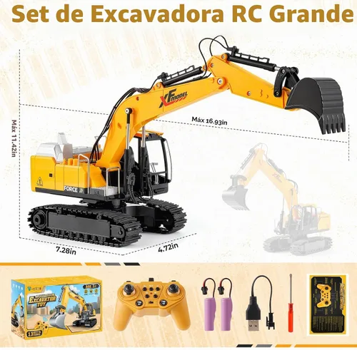 Vista 5 de V-Opitos 13CH RC Excavator Toy con pala de aleación, luces y sonidos