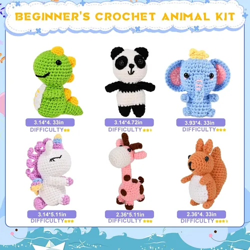 Vista 3 de Alutaba Kit de ganchillo de 6 piezas para principiantes, kits de animales de ganchillo para adultos con tutoriales de videos paso a paso, kit