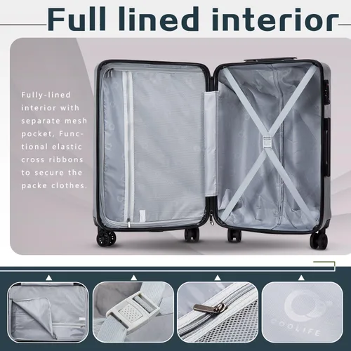 Vista 6 de Coolife - Maleta de mano de PC+ABS con candado TSA y carcasa dura y ligera, de 20, 24 y 28 pulgadas