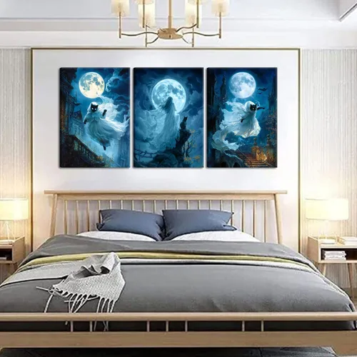 Vista 6 de 3 piezas de lienzo de bruja fantasma de Halloween, arte de pared espeluznante y espeluznante melancolía, fantasma azul, gato negro, decoración