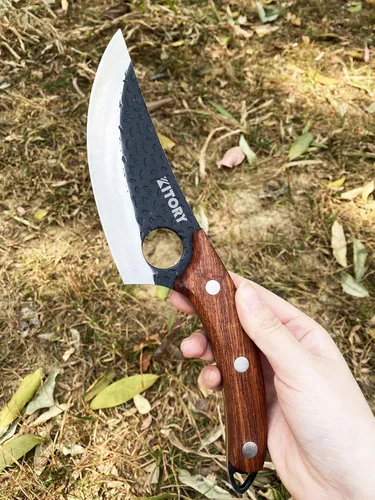 Vista 8 de Kitory Cuchillo de carnicero para cortar carne, cuchillo vikingo forjado a mano con mango ergonómico de madera, cuchillo de chef chino de acero