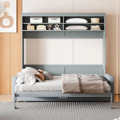 Vista 4 de Cama Murphy tamaño Queen, cama de madera Queen Murphy con sofá, cojín y estantes, gris