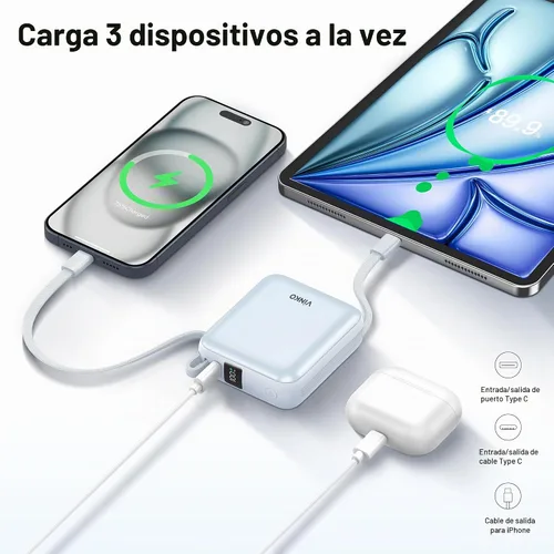 Vista 3 de VINKO Cargador Portátil con Cable Incorporado, 10000mAh 22.5W Carga Rápida Banco de Batería USB C, Banco de Energía para Teléfono Celular para Azul