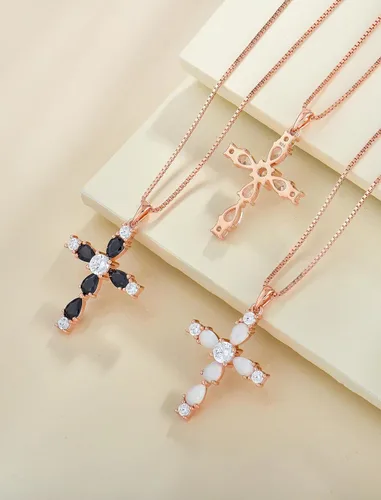 Vista 27 de YL Collar de cruz de plata de ley 925 con colgante de piedra natal religiosa para mujer