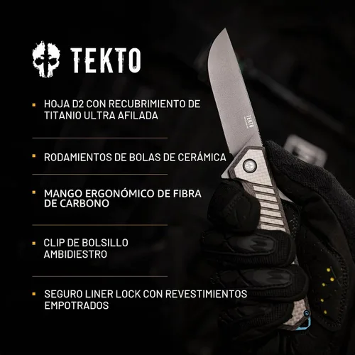 Vista 7 de TEKTO F1 Alpha - Cuchillo de bolsillo plegable, hoja trasera recta modificada, acero D2 recubierto de titanio, cuchillo táctico, cuchillos