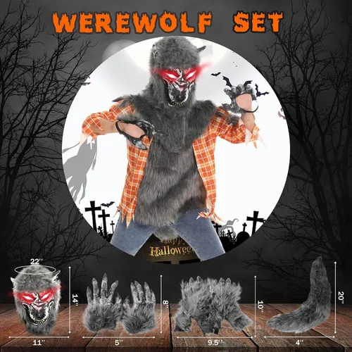 Vista 3 de Nalmits Disfraz de hombre lobo de Halloween para niños, trajes de lobo aullador de lujo con máscara de ojos rojos iluminados, guantes, zapatos