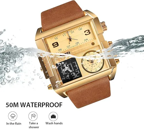 Vista 5 de SKMEI Relojes cuadrados para hombre, retroiluminación LED, pantalla grande, zona multihoraria, impermeable, analógico, reloj deportivo digital