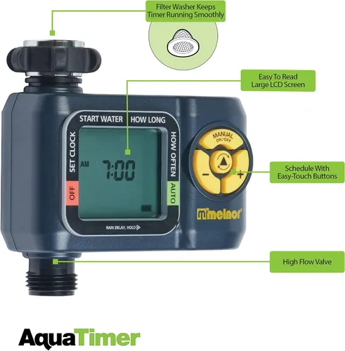Vista 3 de Melnor 65138AMZ AquaTimer Temporizador digital de manguera, temporizador de 1 zona, paquete QuickConnect, negro, amarillo