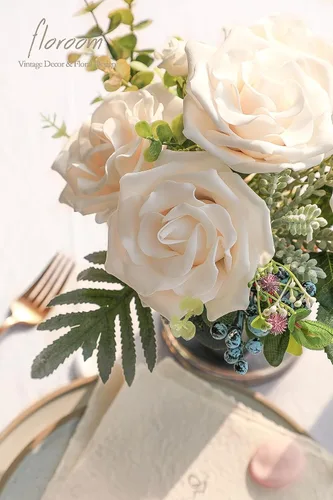 Vista 3 de Floroom Flores artificiales, 16 rosas falsas de avalancha de espuma de aspecto real de 3.5 pulgadas con tallos para ramos de boda, centros de mesa