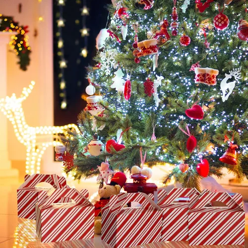 Vista 4 de Cholemy 50 piezas de cajas de regalo de Navidad con asa, cajas de diseño rojo y blanco, cajas de galletas y dulces de Navidad, cajas de papel