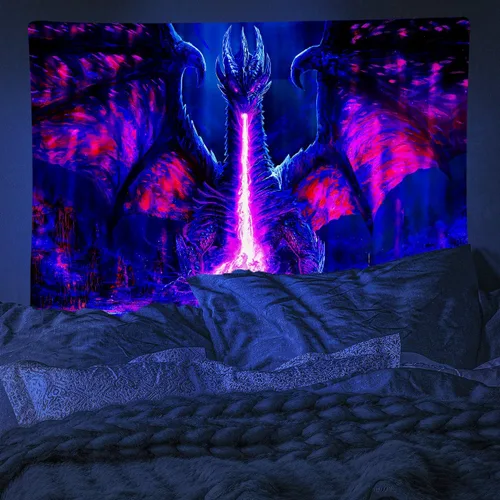 Vista 7 de ADDWel Tapiz de luz negra con dragón, tapiz genial de dragón malvado que brilla en la oscuridad, pósteres de luz negra reactivos a UV para colgar