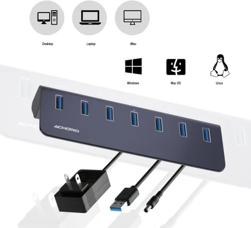 Vista 2 de Hub USB 3.2 Gen 2 alimentado de 10 Gbps, expansor USB de aluminio de 7 puertos con USB-A y USB-C para computadora, Mac, PC, teléfono inteligente